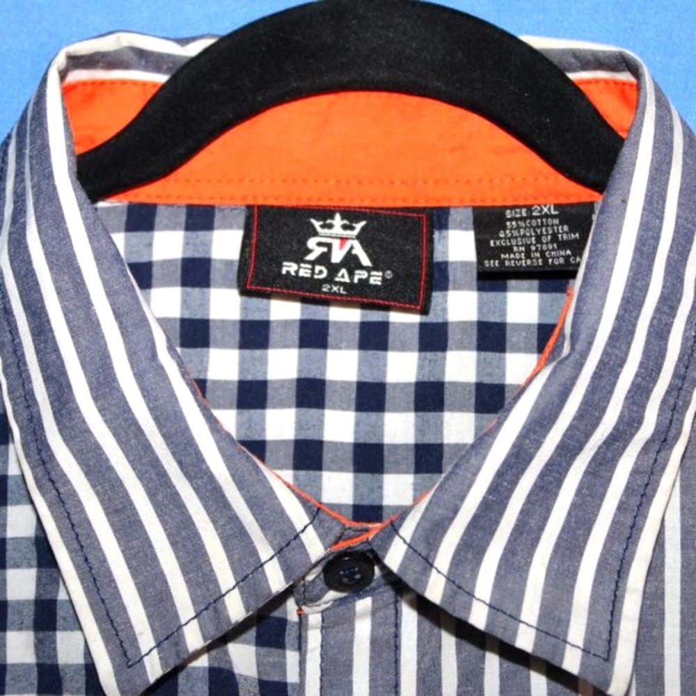 Red Ape Patchwork Button Down Shirt Blue Gray 2XL - image 2